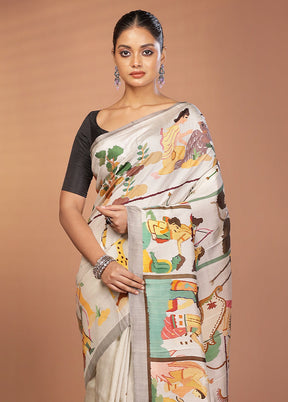 Grey Handloom Printed Pure Silk Saree Without Blouse Piece