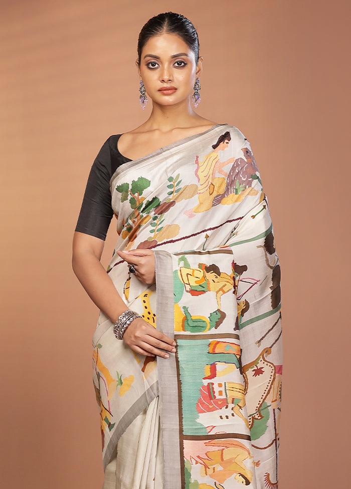 Grey Handloom Printed Pure Silk Saree Without Blouse Piece