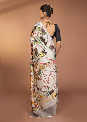Grey Handloom Printed Pure Silk Saree Without Blouse Piece