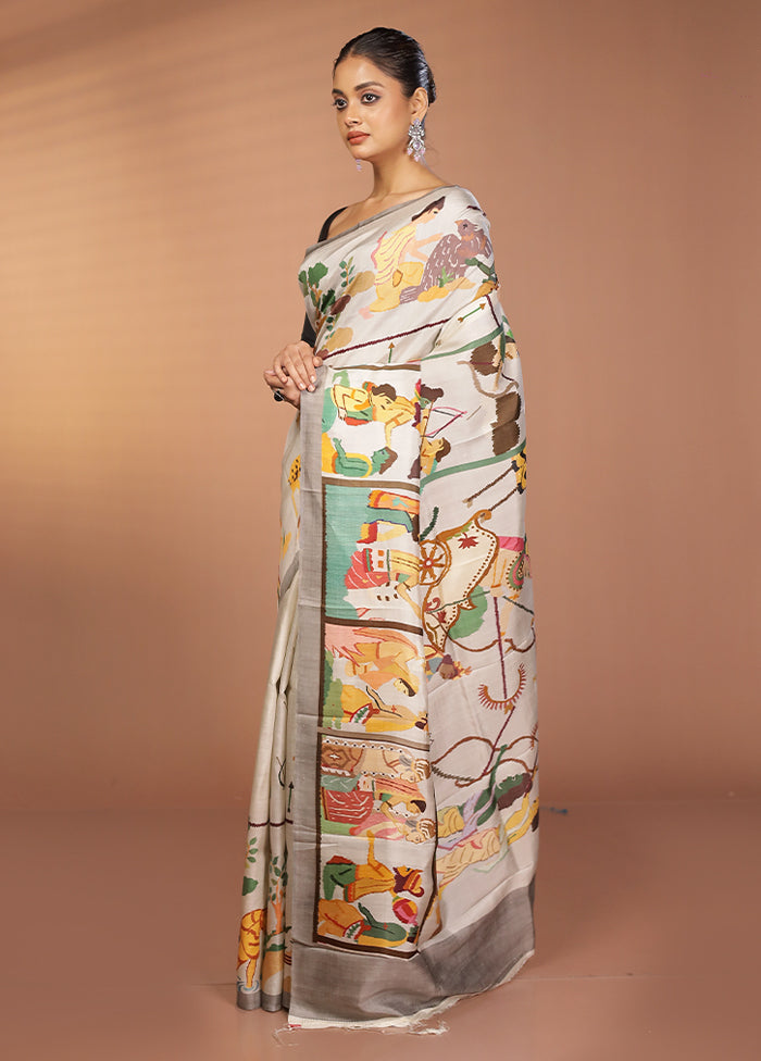 Grey Handloom Printed Pure Silk Saree Without Blouse Piece