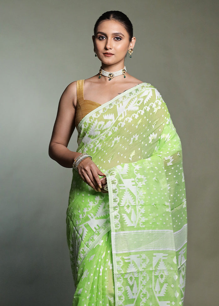 Green Tant Jamdani Saree Without Blouse Piece