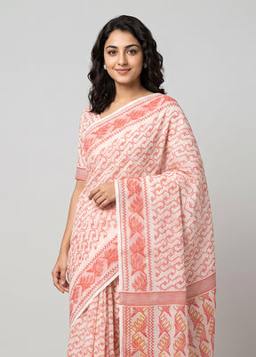 Cream Jamdani Cotton Saree Without Blouse Piece