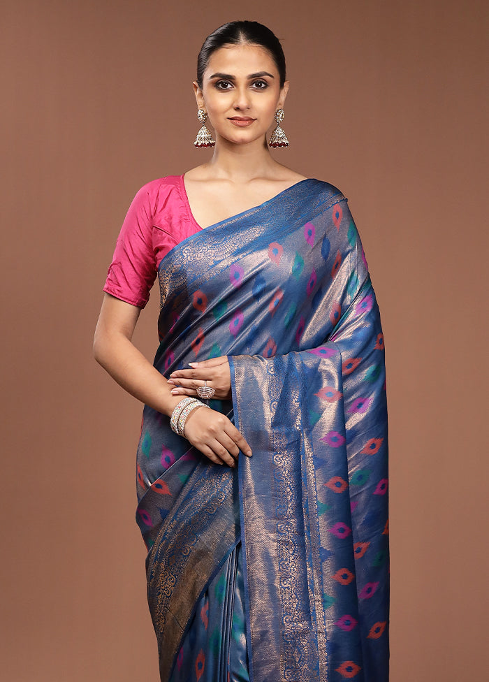 Blue Dupion Silk Saree With Blouse Piece