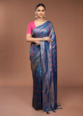 Blue Dupion Silk Saree With Blouse Piece