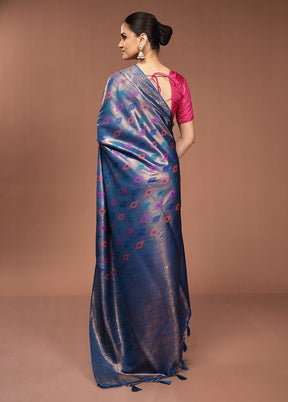 Blue Dupion Silk Saree With Blouse Piece