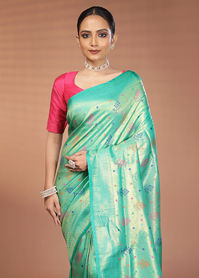 Green Dupion Silk Saree With Blouse Piece