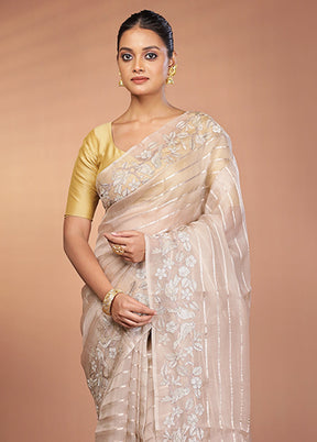 Cream Handloom Pure Organza Saree With Blouse Piece