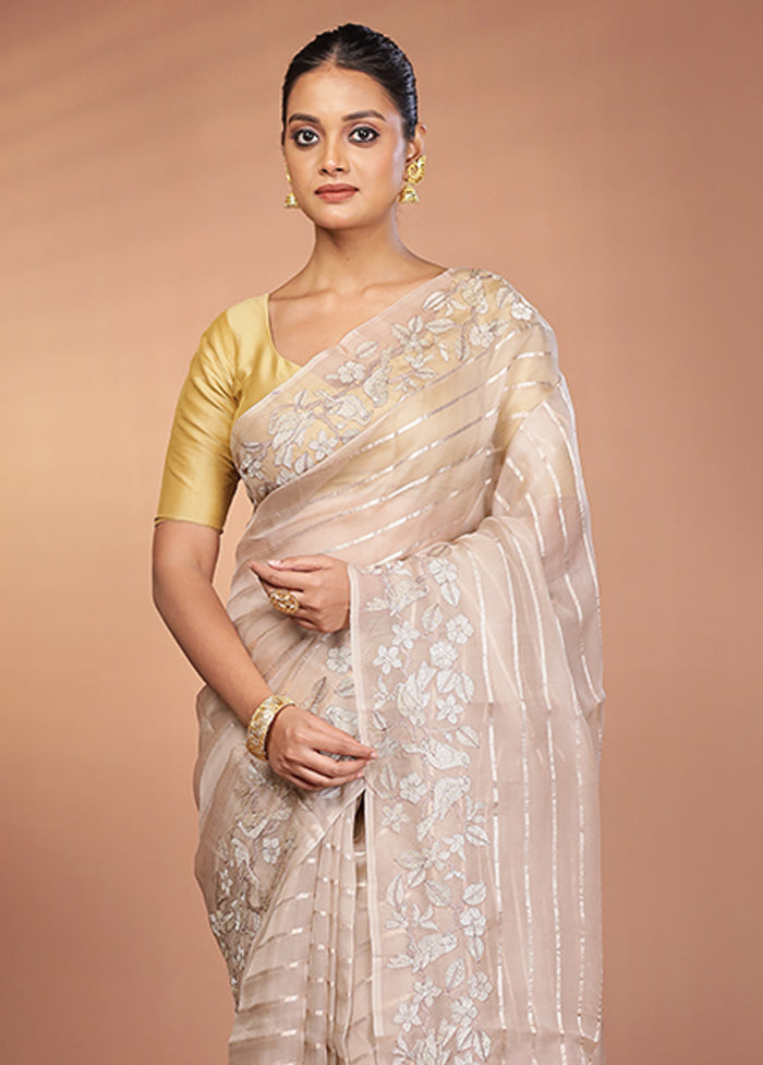 Cream Handloom Pure Organza Saree With Blouse Piece