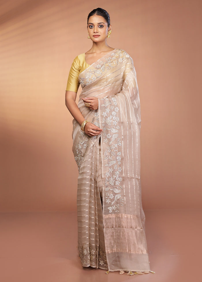 Cream Handloom Pure Organza Saree With Blouse Piece