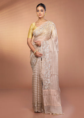 Cream Handloom Pure Organza Saree With Blouse Piece