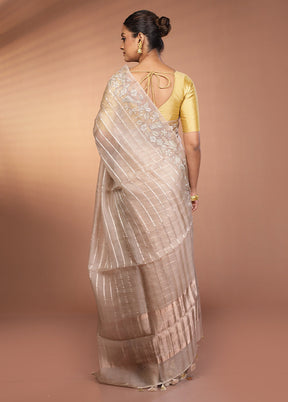Cream Handloom Pure Organza Saree With Blouse Piece