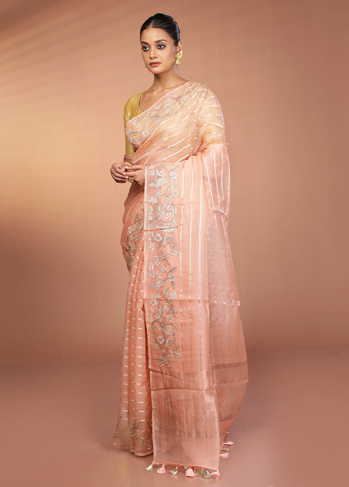 Pink Handloom Pure Organza Saree With Blouse Piece
