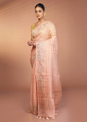 Pink Handloom Pure Organza Saree With Blouse Piece