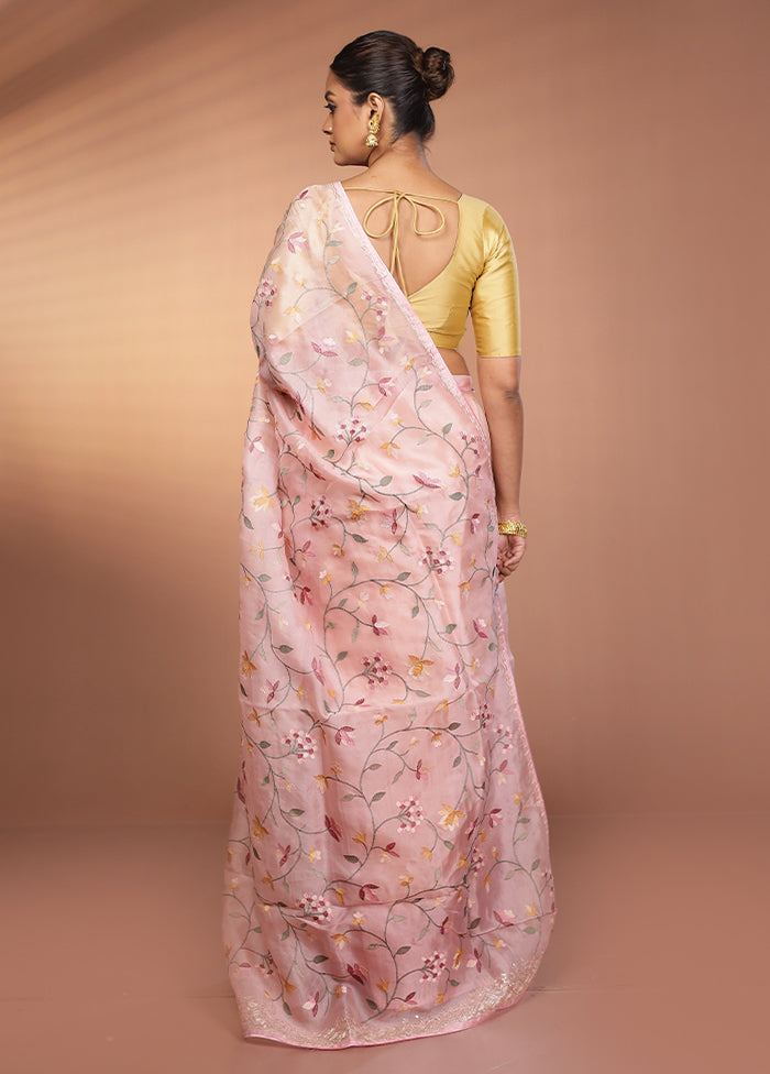 Pink Handloom Pure Organza Saree With Blouse Piece
