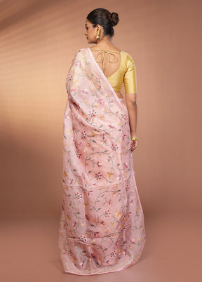 Pink Handloom Pure Organza Saree With Blouse Piece