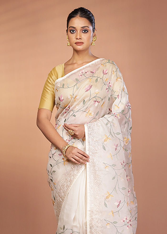 White Handloom Pure Organza Saree With Blouse Piece