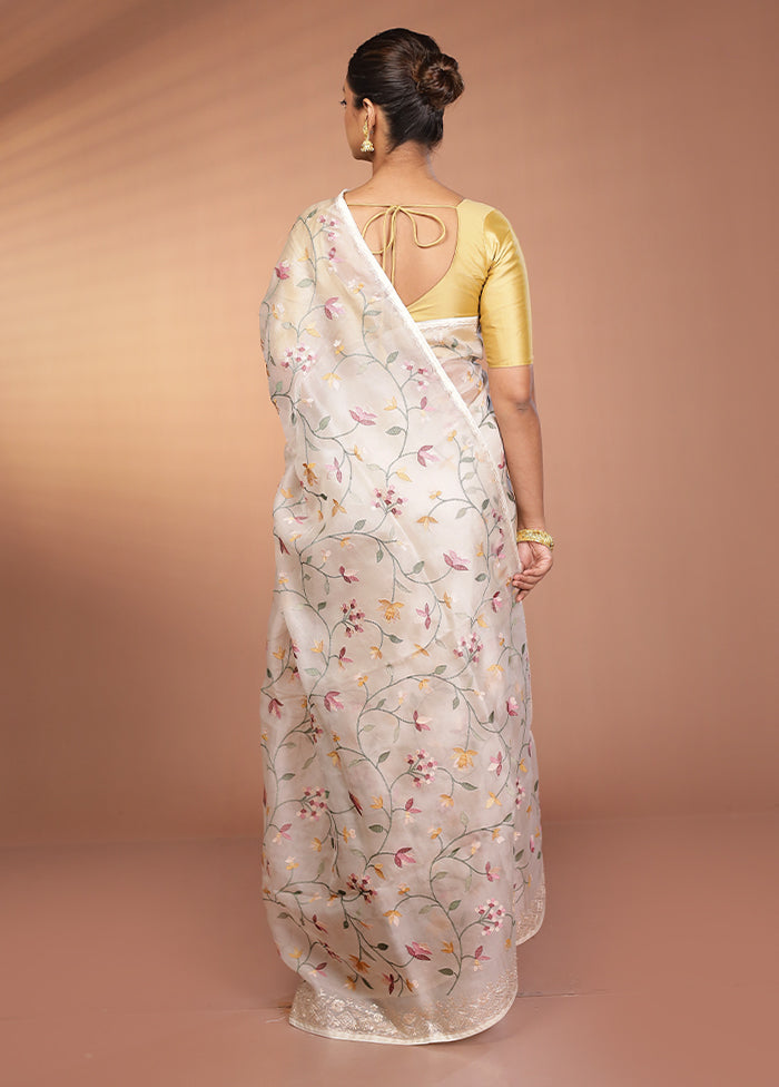 White Handloom Pure Organza Saree With Blouse Piece