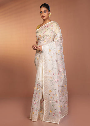 White Handloom Pure Organza Saree With Blouse Piece