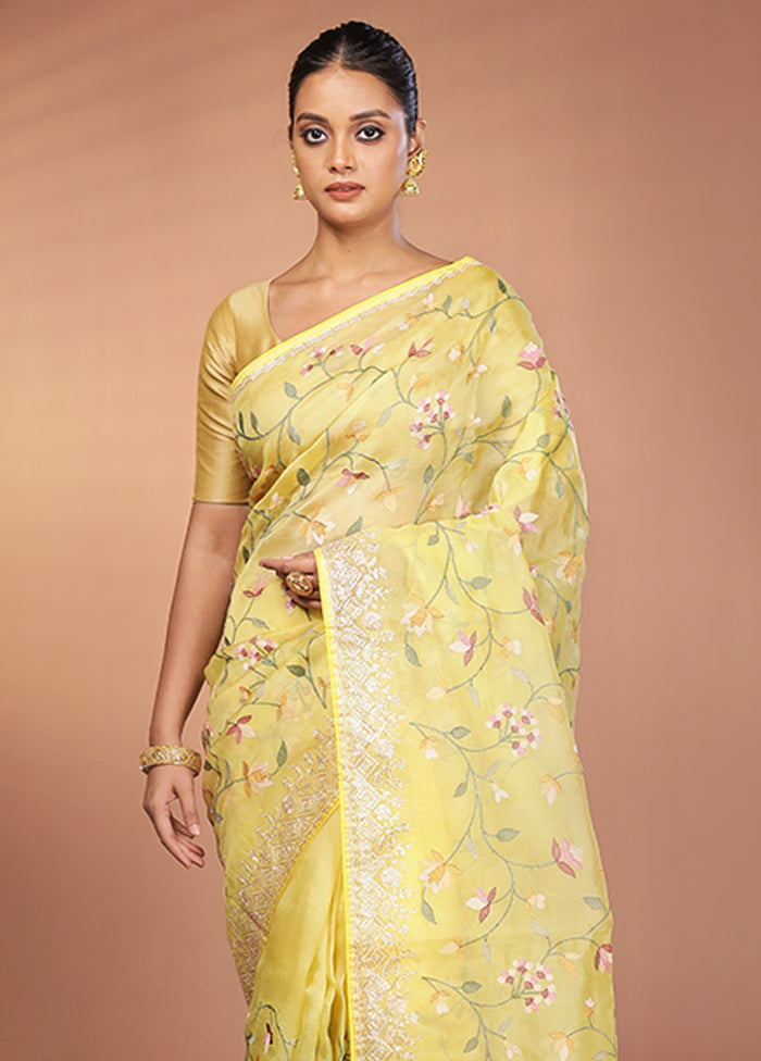 Yellow Handloom Pure Organza Saree With Blouse Piece