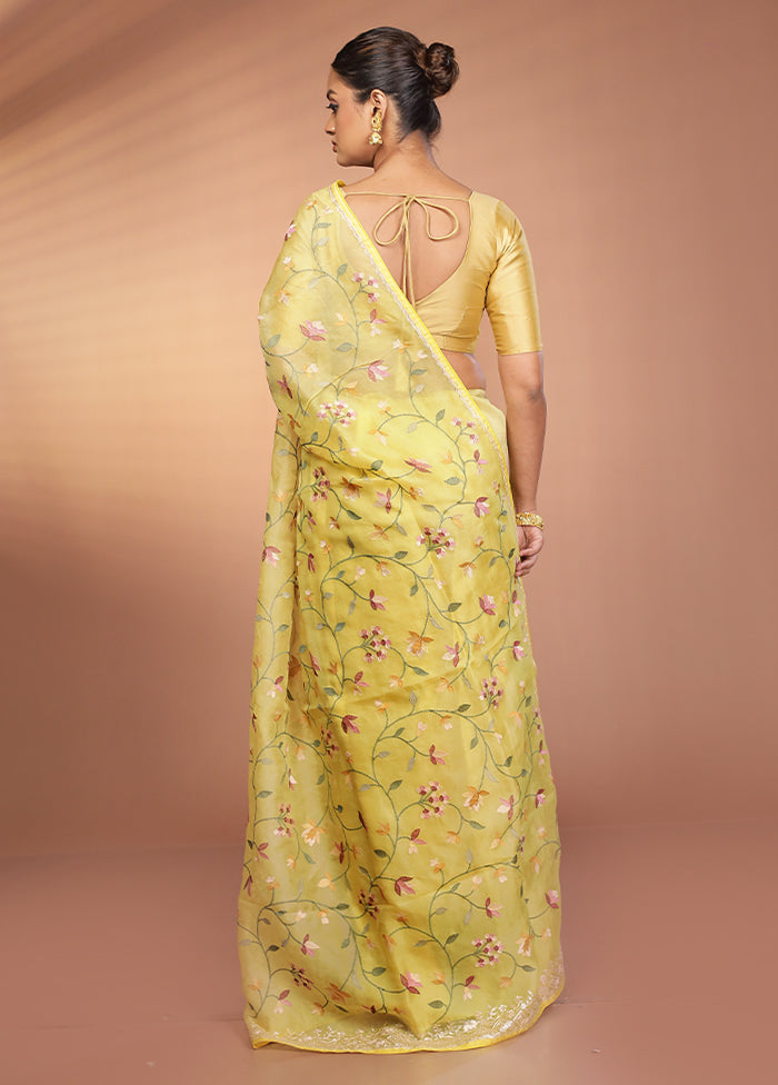 Yellow Handloom Pure Organza Saree With Blouse Piece
