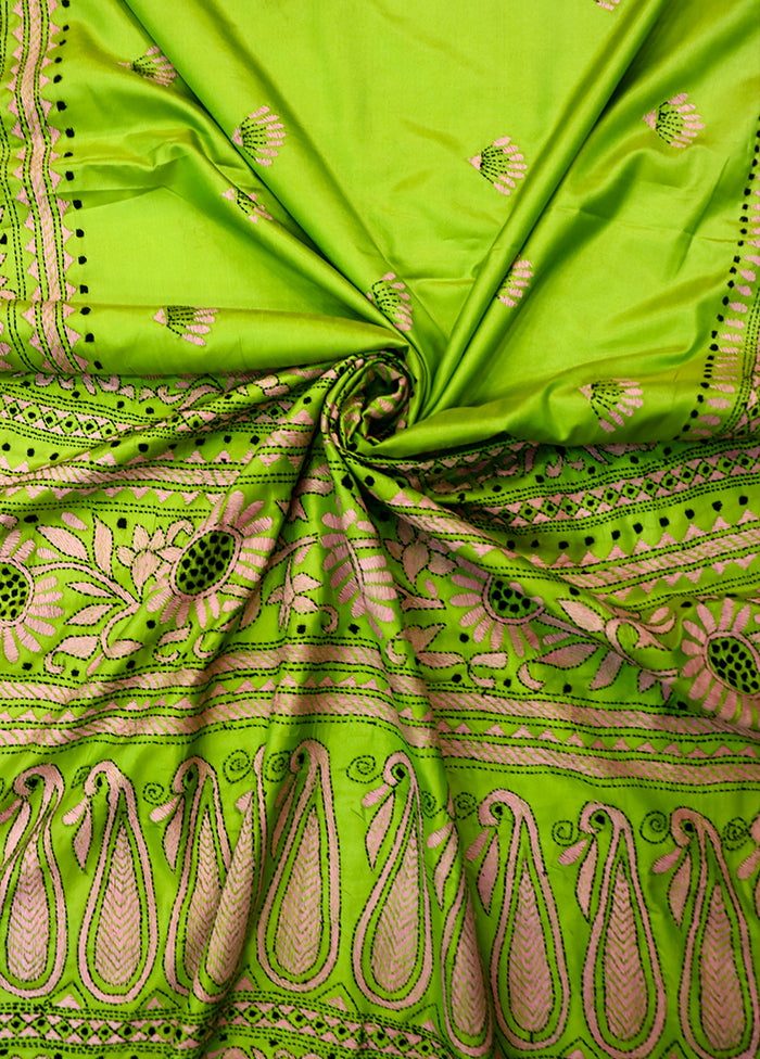 Green Kantha Stitch Silk Saree With Blouse Piece