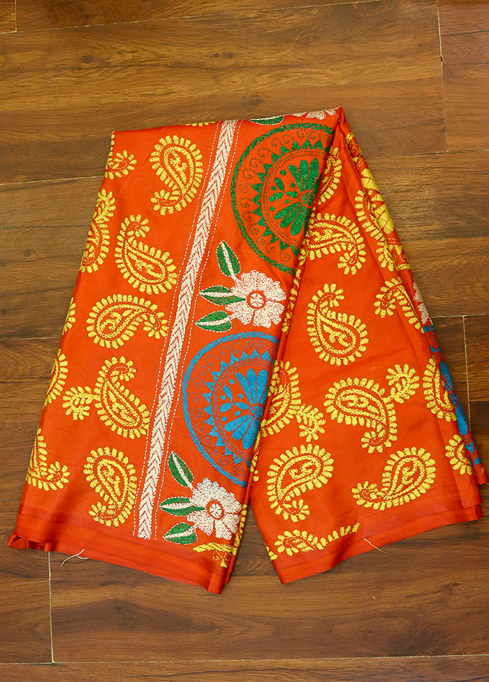 Orange Kantha Stitch Silk Saree With Blouse Piece