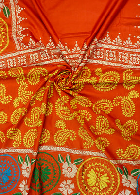 Orange Kantha Stitch Silk Saree With Blouse Piece