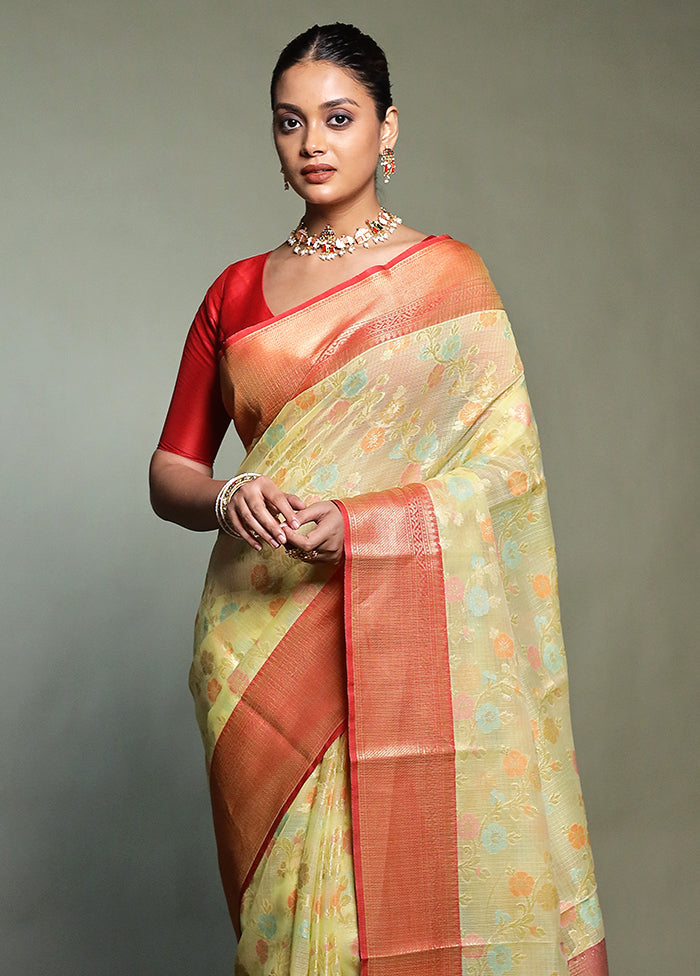 Yellow Kora Silk Saree With Blouse Piece