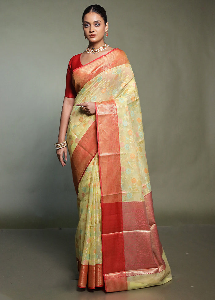 Yellow Kora Silk Saree With Blouse Piece
