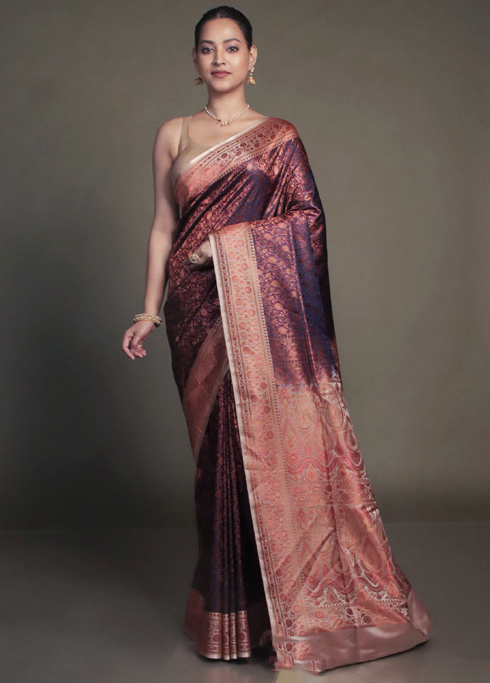 Purple Handloom Jamewar Pure Silk Saree With Blouse Piece