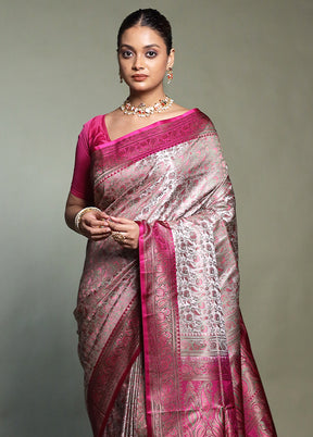 Pink Handloom Jamewar Pure Silk Saree With Blouse Piece