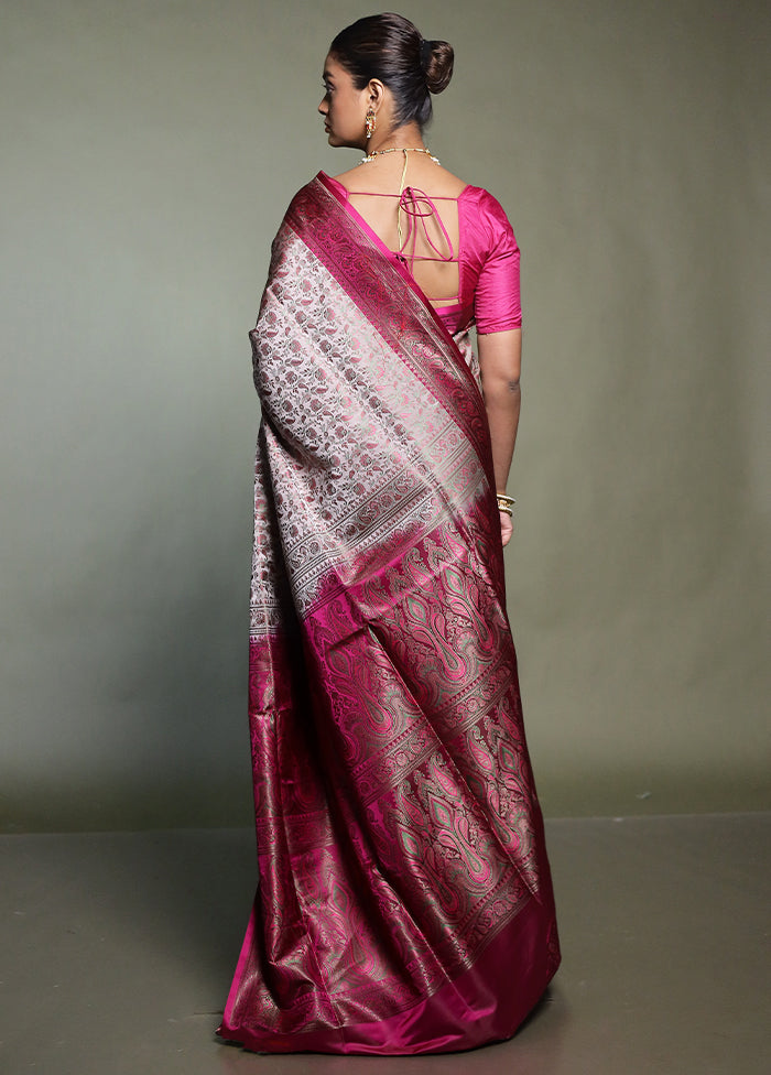Pink Handloom Jamewar Pure Silk Saree With Blouse Piece