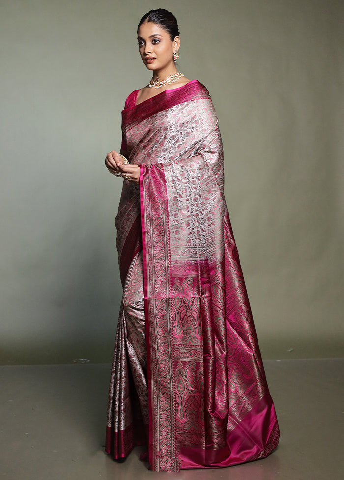 Pink Handloom Jamewar Pure Silk Saree With Blouse Piece