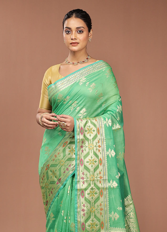 Green Cotton Saree With Blouse Piece