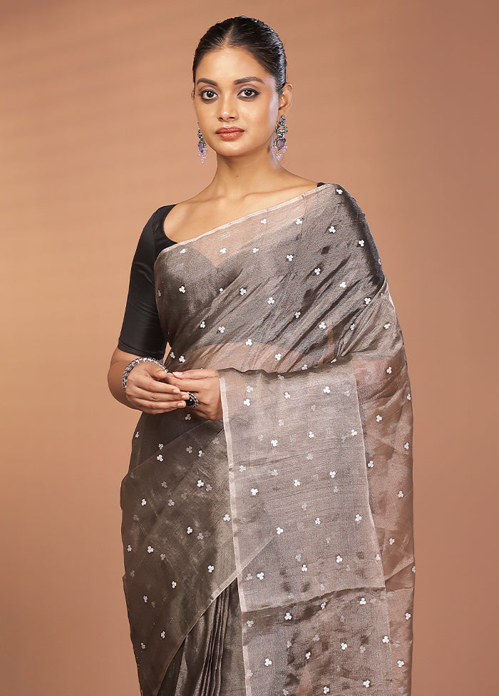 Grey Handloom Matka Pure Silk Saree With Blouse Piece