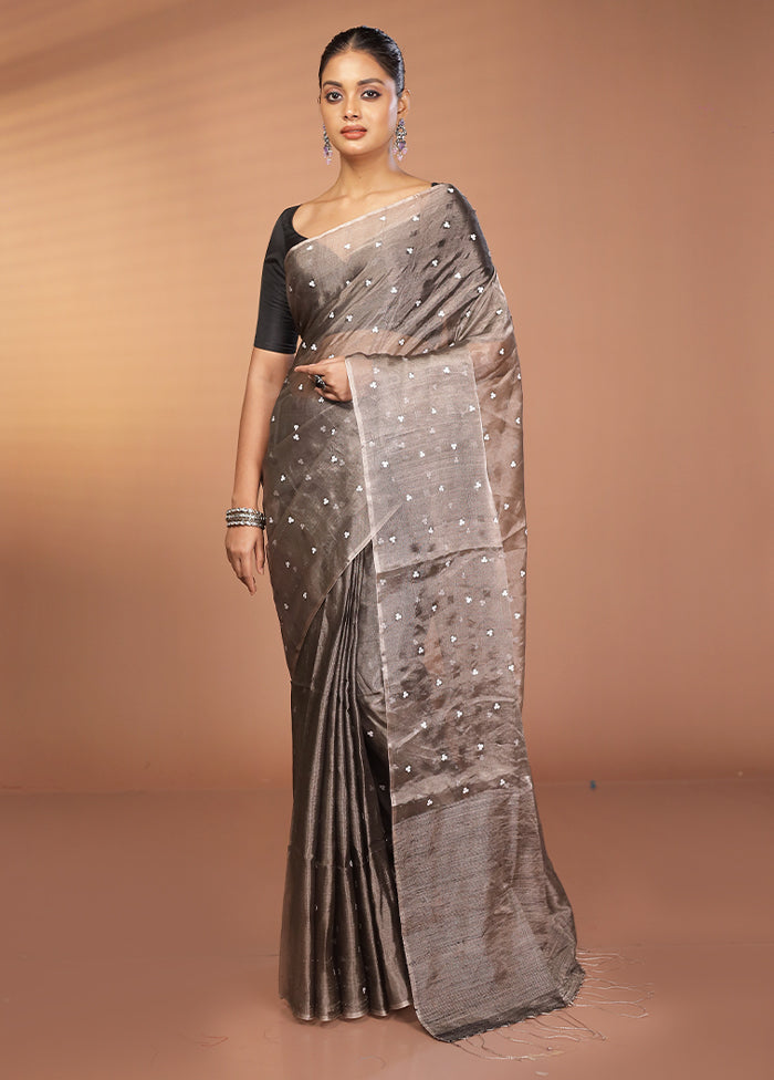 Grey Handloom Matka Pure Silk Saree With Blouse Piece