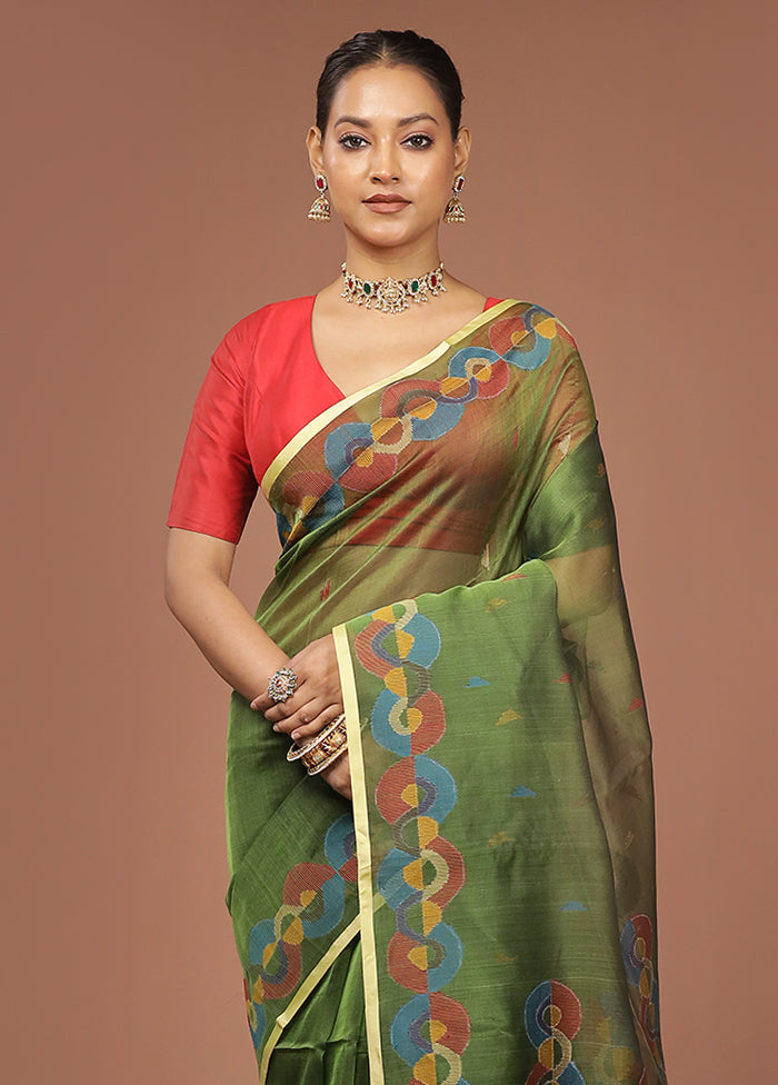 Green Handloom Matka Pure Silk Saree With Blouse Piece