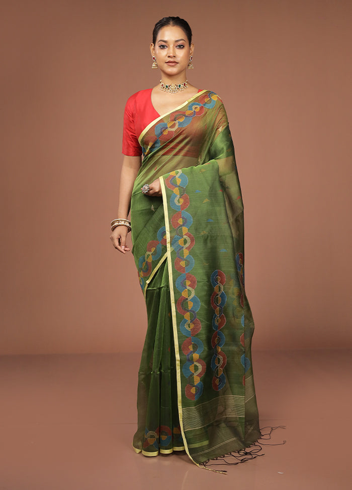 Green Handloom Matka Pure Silk Saree With Blouse Piece