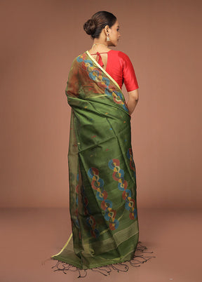 Green Handloom Matka Pure Silk Saree With Blouse Piece