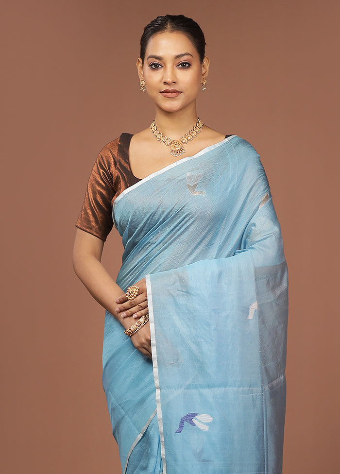 Blue Handloom Matka Pure Silk Saree With Blouse Piece