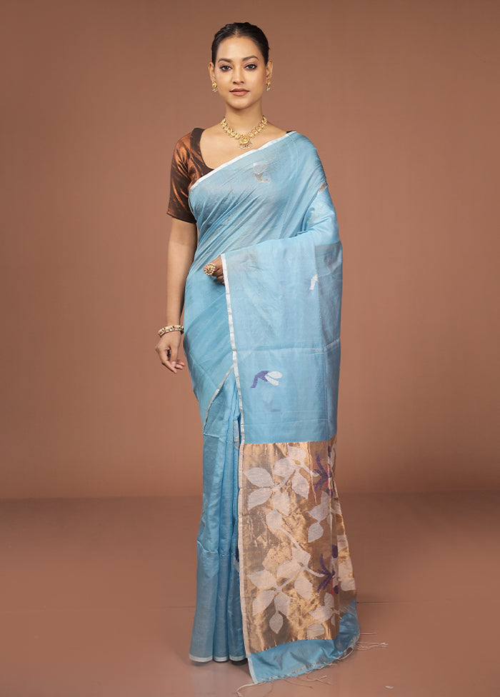Blue Handloom Matka Pure Silk Saree With Blouse Piece