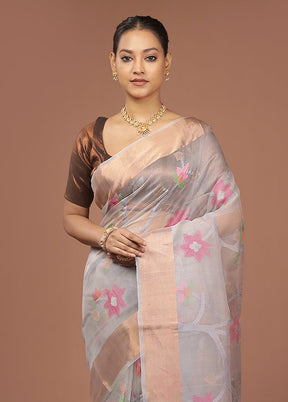 Grey Handloom Matka Pure Silk Saree With Blouse Piece