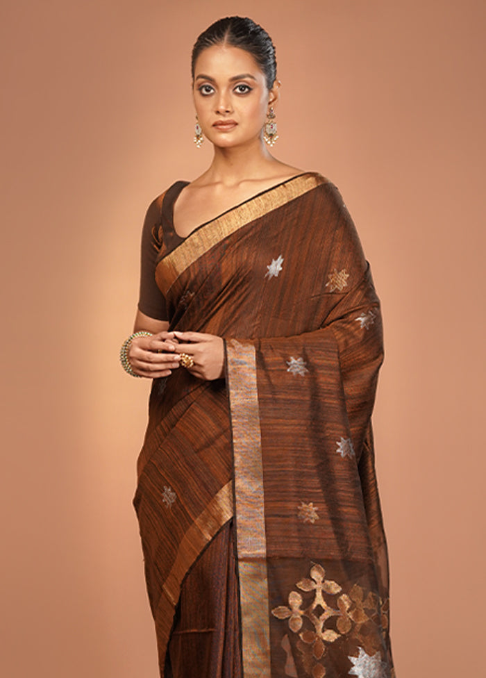 Brown Handloom Matka Pure Silk Saree With Blouse Piece