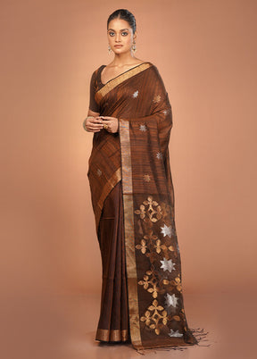 Brown Handloom Matka Pure Silk Saree With Blouse Piece