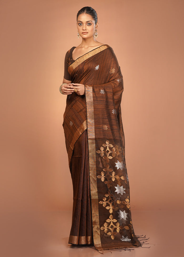 Brown Handloom Matka Pure Silk Saree With Blouse Piece