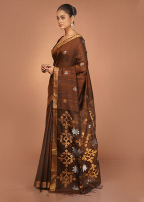 Brown Handloom Matka Pure Silk Saree With Blouse Piece