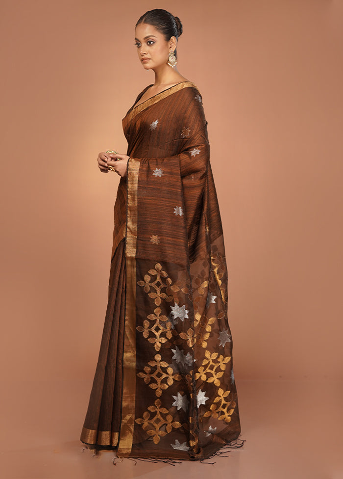 Brown Handloom Matka Pure Silk Saree With Blouse Piece