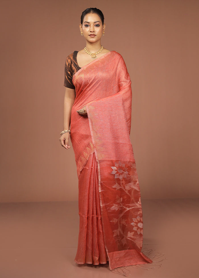 Rust Handloom Matka Pure Silk Saree With Blouse Piece