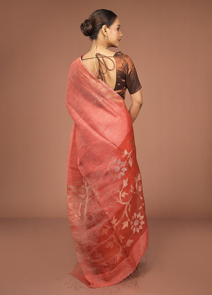 Rust Handloom Matka Pure Silk Saree With Blouse Piece