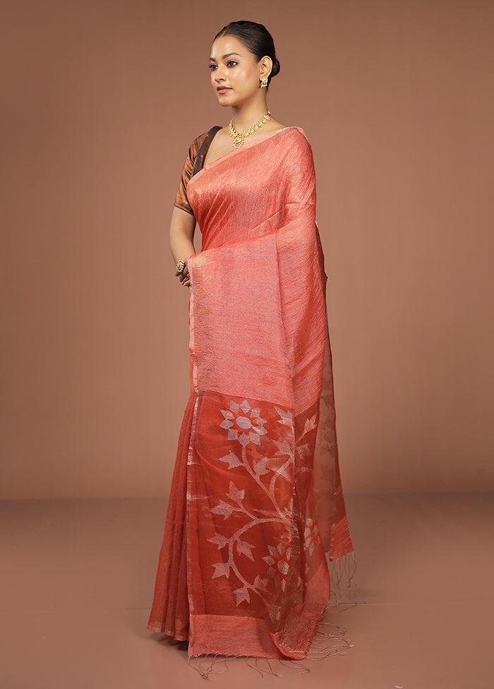 Rust Handloom Matka Pure Silk Saree With Blouse Piece
